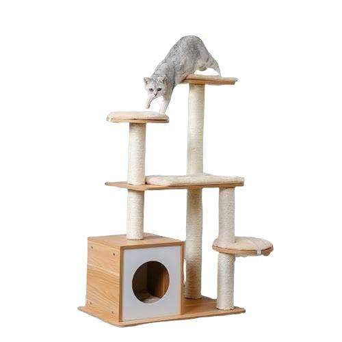 Katzenbaum aus Holz - Kratzbaum mit Liegeflächen & Sisalstämmen