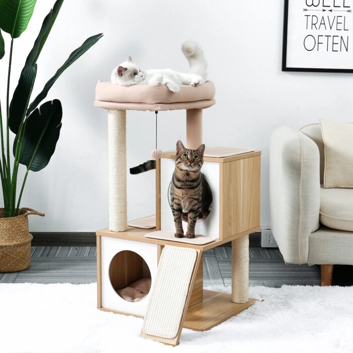 Katzenkratzbaum aus Holz mit Höhlen für Kätzchen und erwachsene Katzen