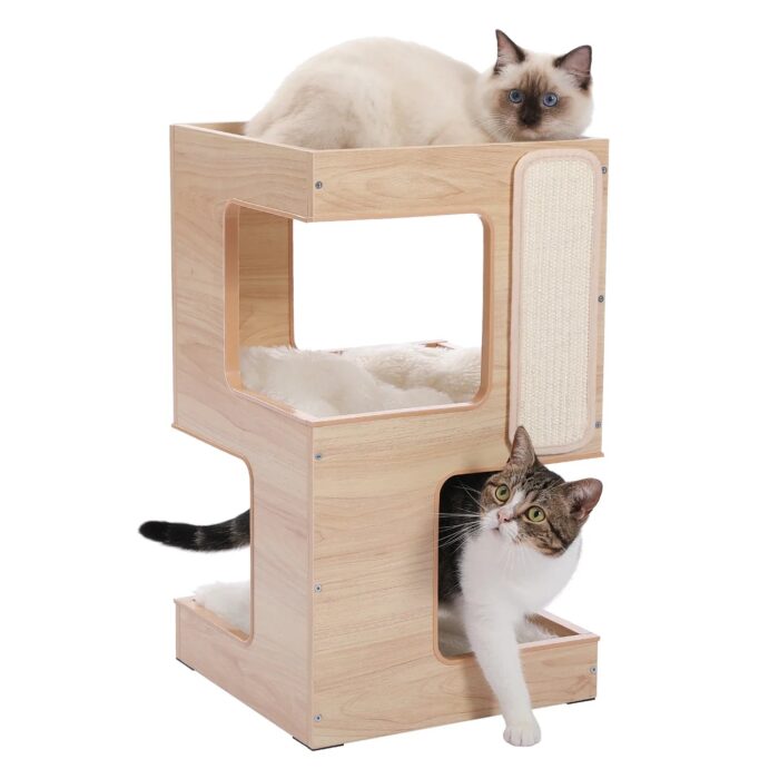 Kratzbaum aus Holz mit mehreren Ebenen für Katzen Kletterbaum Spielplatz-3